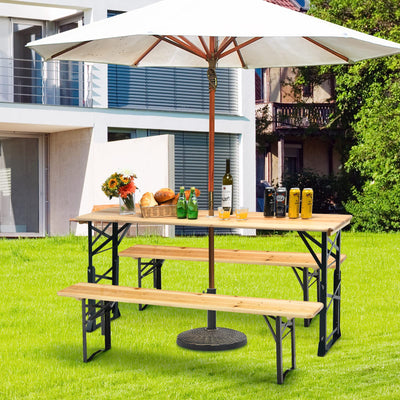 Goplus Folding Picnic Beer Table, Outdoor Camping Table with Umbrella Hole, Adjustable Heights and Wood Top, Portable Picnic Table for Patio Garden Party Backyard, No Assembly