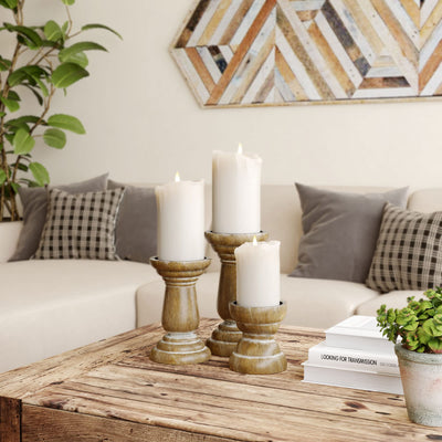 Barnyard Designs Pillar Candle Holder for Pillar Candles, Small Wooden Candlestick Holders, Farmhouse Candle Holders for Table Centerpiece, Rustic Candle Holder Set of 3, (4", 6", 8"), Brown