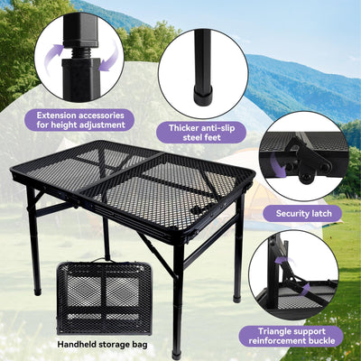 BRIAN & DANY Folding Grill Table Camping Table, Metal Portable Picnic Table, Lightweight Height Adjustable Foldable Table for Outdoor, Black, 23.6"x15.7"x10.6/22.1"