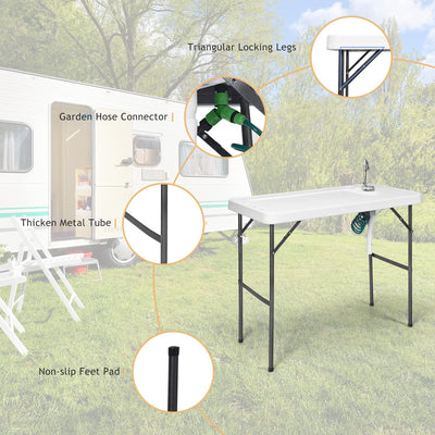 Goplus Folding Fish Cleaning Table with Sink and Spray Nozzle, Heavy Duty Fillet Table with Hose Hook Up and Faucet, Portable Outdoor Camping Sink Station for Dock Beach Patio Picnic