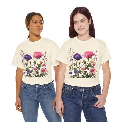 Wildflowers and Pink/Violet Roses, Graphic T-Shirts for Women, Floral Shirt, Womens Short Sleeve, Ladies Graphic Tees #5101TTS