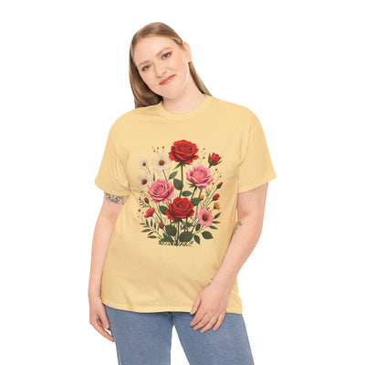 Wildflowers and Pink & Red Roses, Graphic T-Shirts for Women, Floral Shirt, Womens Short Sleeve, Ladies Graphic Tees #5134TTS