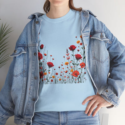 Wildflowers and Red Roses, Graphic T-Shirts for Women, Floral Shirt, Womens Short Sleeve, Ladies Graphic Tees #5033TTS