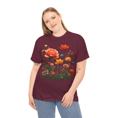 Wildflowers and Orange Roses, Graphic T-Shirts for Women, Floral Shirt, Womens Short Sleeve, Ladies Graphic Tees #5044TTS