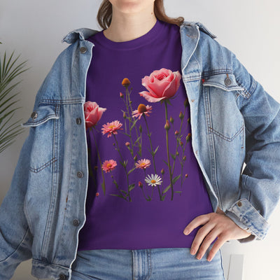 Wildflowers and Pink Roses, Graphic T-Shirts for Women, Floral Shirt, Womens Short Sleeve, Ladies Graphic Tees #5018TTS