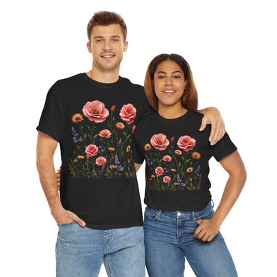 Wildflowers and Pink Roses, Graphic T-Shirts for Women, Floral Shirt, Womens Short Sleeve, Ladies Graphic Tees #5015TTS