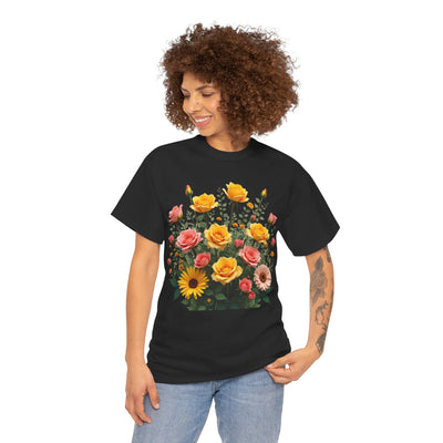 Wildflowers and Pink & Yellow Roses, Graphic T-Shirts for Women, Floral Shirt, Womens Short Sleeve, Ladies Graphic Tees #5141TTS