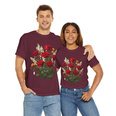 Wildflowers and Red Roses, Graphic T-Shirts for Women, Floral Shirt, Womens Short Sleeve, Ladies Graphic Tees #5128TTS