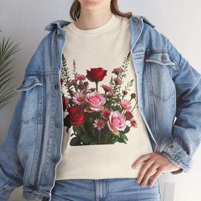 Wildflowers and Red & Pink Roses, Graphic T-Shirts for Women, Floral Shirt, Womens Short Sleeve, Ladies Graphic Tees #5132TTS
