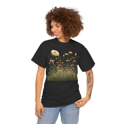 Wildflowers and White Roses, Graphic T-Shirts for Women, Floral Shirt, Womens Short Sleeve, Ladies Graphic Tees #5041TTS