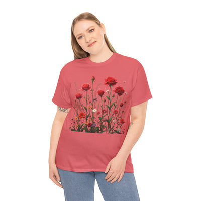 Wildflowers and Red Roses, Graphic T-Shirts for Women, Floral Shirt, Womens Short Sleeve, Ladies Graphic Tees #5035TTS