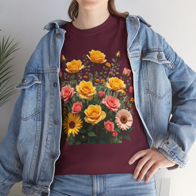 Wildflowers and Pink & Yellow Roses, Graphic T-Shirts for Women, Floral Shirt, Womens Short Sleeve, Ladies Graphic Tees #5141TTS