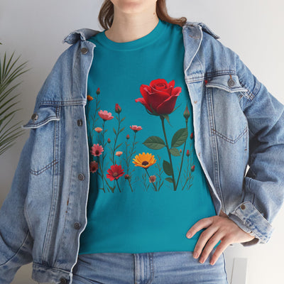 Wildflowers and a Red Rose, Graphic T-Shirts for Women, Floral Shirt, Womens Short Sleeve, Ladies Graphic Tees #5006TTS