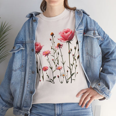 Wildflowers and Pink Roses, Graphic T-Shirts for Women, Floral Shirt, Womens Short Sleeve, Ladies Graphic Tees #5018TTS