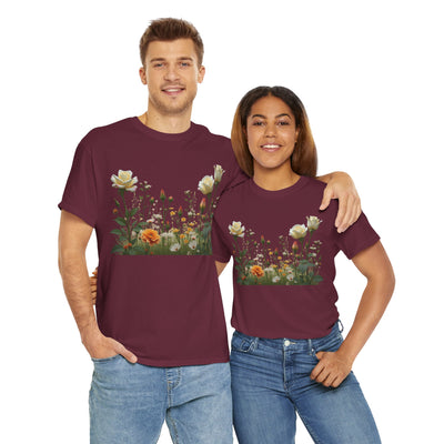 Wildflowers and White Roses, Graphic T-Shirts for Women, Floral Shirt, Womens Short Sleeve, Ladies Graphic Tees #5039TTS