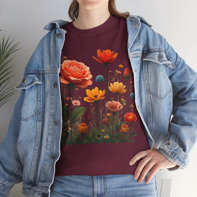 Wildflowers and Orange Roses, Graphic T-Shirts for Women, Floral Shirt, Womens Short Sleeve, Ladies Graphic Tees #5044TTS