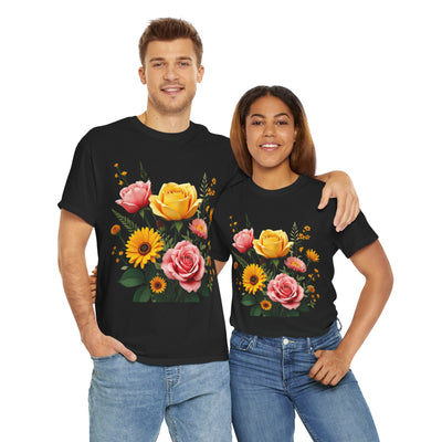 Wildflowers and Pink & Yellow Roses, Graphic T-Shirts for Women, Floral Shirt, Womens Short Sleeve, Ladies Graphic Tees #5146TTS