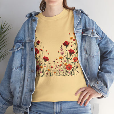 Wildflowers and Red Roses, Graphic T-Shirts for Women, Floral Shirt, Womens Short Sleeve, Ladies Graphic Tees #5033TTS