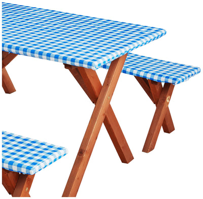 Violet Linen Deluxe Checkered Gingham Pattern, Vinyl Tablecloth Elestic, Polyester Flannel Backed Lining, Blue, 28 x 72 Inch, 3-Piece Set, Picnic Table and Bench Fitted Table Cover