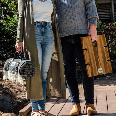 Komorebi Large Outdoor Waterproof Picnic Blanket (78"x59") Acrylic Wool Blend | Leather Carrier | Soft Herringbone Pattern Picnic Mat for up to 4 Adults (Grey)