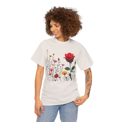 Wildflowers and a Red Rose, Graphic T-Shirts for Women, Floral Shirt, Womens Short Sleeve, Ladies Graphic Tees #5006TTS