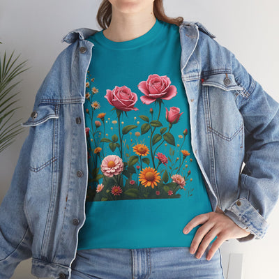 Wildflowers and Pink Roses, Graphic T-Shirts for Women, Floral Shirt, Womens Short Sleeve, Ladies Graphic Tees #5013TTS