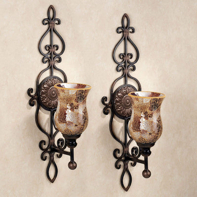 Touch of Class Leyanna Mosaic Wall Sconce Pair - Aged Brown, Victorian Style, Made of Metal, Glass - Antique Sconces, Medallion Designs - Set of 2, Ornate Candle Holder