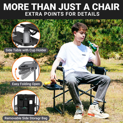 KingCamp Padded Outdoor Director Chair with Side Table, Integrated Cupholder, and Pockets for Camping, Sporting Events, or Picnics, Grey (2-Pack)