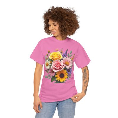Wildflowers and Pink & Yellow Roses, Graphic T-Shirts for Women, Floral Shirt, Womens Short Sleeve, Ladies Graphic Tees #5145TTS
