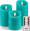 VENTA Set of 3 Realistic Flameless Turquoise LED Candles with Remote Control - 4'' 5'' 6'' Electric Wickless Pillar Battery Operated Candles with Flickering Flame Timer