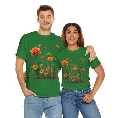 Wildflowers and Orange Roses, Graphic T-Shirts for Women, Floral Shirt, Womens Short Sleeve, Ladies Graphic Tees #5046TTS