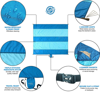 AQUATUS Premium XXL Beach Blanket Sandproof Water Resistant Quick Dry Mat 10ft by 9ft for 1-8 Adults with 4 Metal Stakes, 4 Corner Pockets, Secure Clip and Strap, and Attached Bag