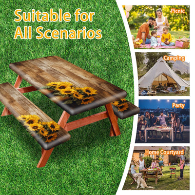 YEYE JUICE Wood Grain Sunflower Picnic Table Cover with Bench Covers Camping Essentials Waterproof Windproof Camping Tablecloth, Fitted Rectangle Tables and Seats, 6FT, 72in