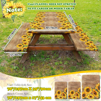 3 Pcs Vinyl Picnic Table and Bench Fitted Tablecloth Cover Set 6 Ft 30 x 72 Inch Flannel Backing Rectangular Elastic Edged Picnic Table Cover for Summer Outdoor Patio Travel (Retro Sunflower)