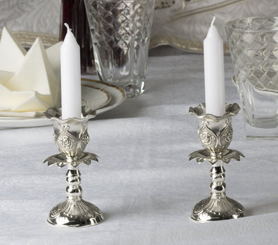 Silver Plated Candlesticks - 2 Pack Set - Pair of 4 Inch Ornate Candle Holders with Round Base and Floral Design - by Ner Mitzvah