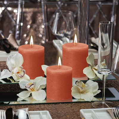 BOLSIUS 4 Pack Orange Rustic Pillar Candles - 2.75 X 3.25 Inches - Premium European Quality - Includes Natural Plant-Based Wax - Unscented Dripless Smokeless 35 Hour Party and Wedding Candles