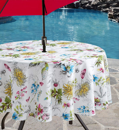 Benson Mills Spillproof Spring/Summer Heavyweight Fabric Outdoor Tablecloth with Umbrella Hole, Zippered Table Cloth for Round Tables, Picnic/Patio (Blooming Floral, 70" Round with Umbrella Hole)