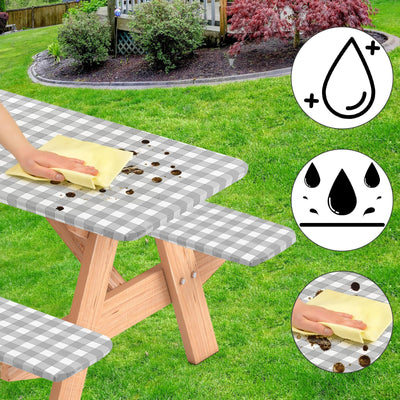 BOUBONI 3 Pcs Set Fitted Picnic Table Cover with Bench Covers Vinyl Camping Table Cloth Flannel Backing Picnic Table Cloth for 6ft Tables Camping Outdoor (Gray Checked, 30 x 72 Inches)