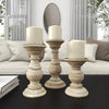 Deco 79 Mango Wood Turned Style Pillar Candle Holder with Distressed Finish, Set of 3, 6", 8", 10"H, Cream