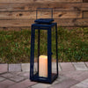 Blue Outdoor Candle Lantern - 15 Inch Tall, Solar Powered, Navy Metal with Glass, Waterproof Flameless Pillar Candles, Dusk to Dawn Timer, Flickering LED Lights, Rustic Farmhouse Patio Decor