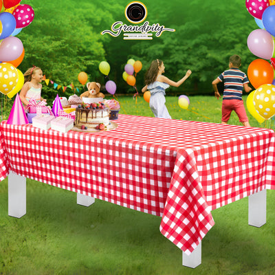 Red Gingham Checkered 12 Pack Premium Disposable Plastic Picnic Tablecloth 54 Inch. x 108 Inch. Decorative Rectangle Table Cover By Grandipity