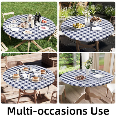 smiry Round Picnic Table Cloth, Elastic Waterproof Fitted Vinyl Tablecloth for 36"-44" Tables, Flannel Backed Buffalo Plaid Table Covers for Dining, Camping, Outdoor, White and Navy