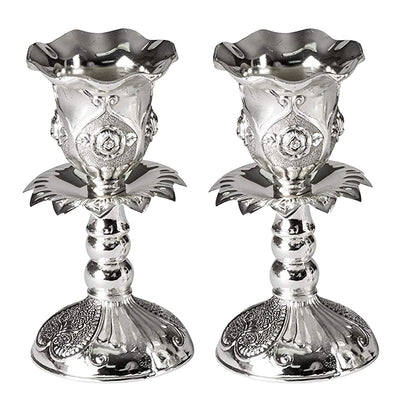 Silver Plated Candlesticks - 2 Pack Set - Pair of 4 Inch Ornate Candle Holders with Round Base and Floral Design - by Ner Mitzvah