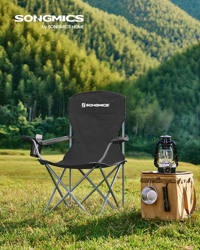 SONGMICS Set of 2 Folding Camping Chairs, Comfortable, Heavy Duty Structure, Max. Load Capacity 330 lb, Outdoor Chair with Cup Holder, for Camping, Garden, Fishing, Terrace, Black UGCB08BK