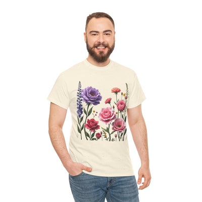 Wildflowers and Pink/Violet Roses, Graphic T-Shirts for Women, Floral Shirt, Womens Short Sleeve, Ladies Graphic Tees #5100TTS