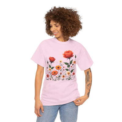 Wildflowers and Orange Roses, Graphic T-Shirts for Women, Floral Shirt, Womens Short Sleeve, Ladies Graphic Tees #5043TTS