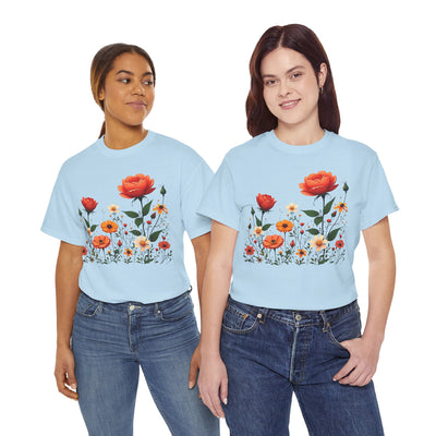 Wildflowers and Orange Roses, Graphic T-Shirts for Women, Floral Shirt, Womens Short Sleeve, Ladies Graphic Tees #5043TTS