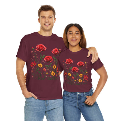 Wildflowers and Red Roses, Graphic T-Shirts for Women, Floral Shirt, Womens Short Sleeve, Ladies Graphic Tees #5034TTS