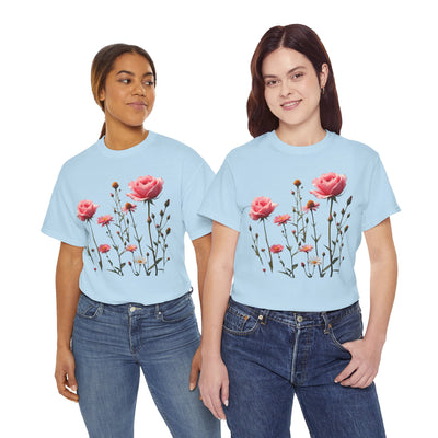Wildflowers and Pink Roses, Graphic T-Shirts for Women, Floral Shirt, Womens Short Sleeve, Ladies Graphic Tees #5018TTS
