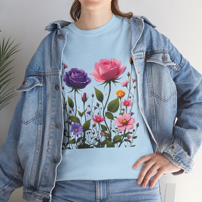 Wildflowers and Pink/Violet Roses, Graphic T-Shirts for Women, Floral Shirt, Womens Short Sleeve, Ladies Graphic Tees #5101TTS